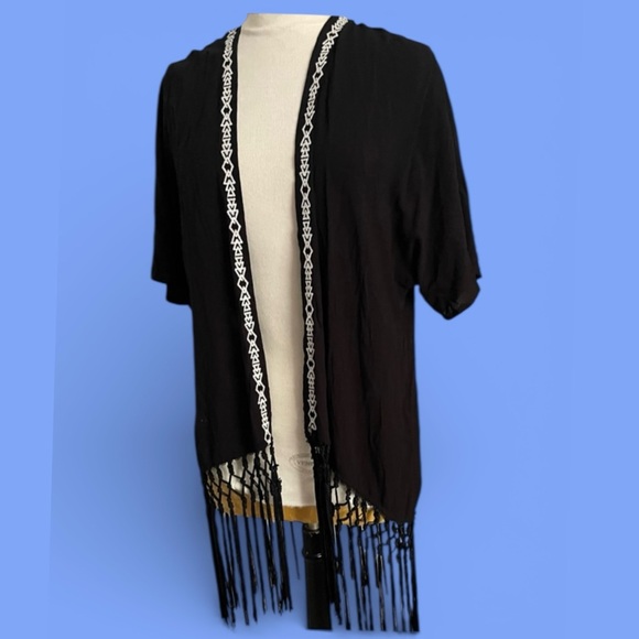 Love Tree Happens Open Tribal/Western Embroidered Kimono w/ Fringe Tassels Large - Picture 11 of 16